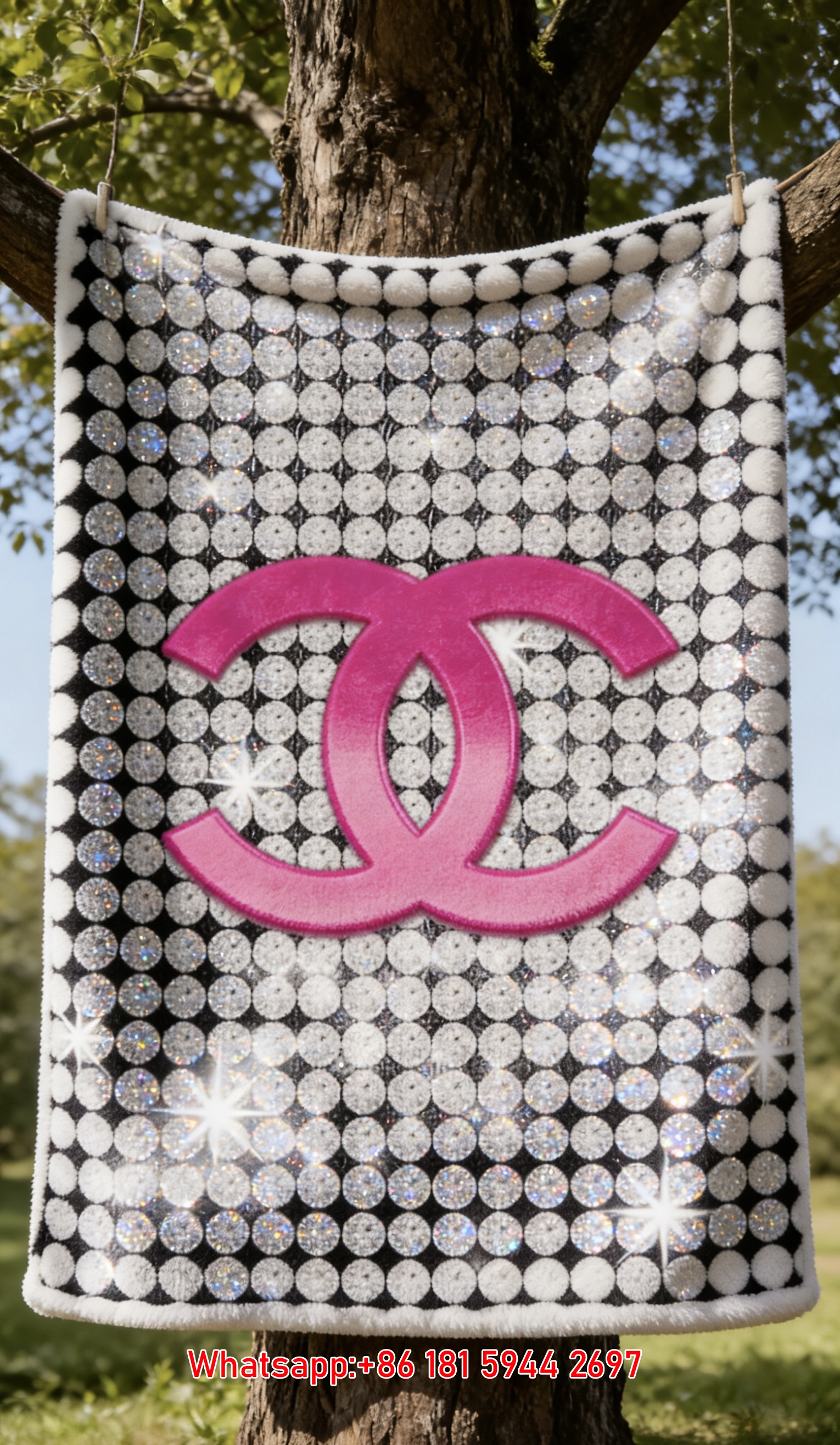 Chanel Pink Rhinestone CC Logo Flannel Throw Blanket IMG_7055